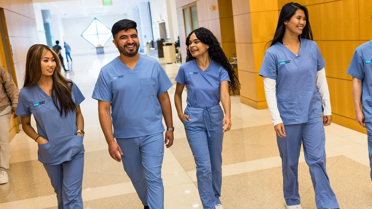 UCLA Nursing students walking through Ronald Reagan UCLA Medical Center