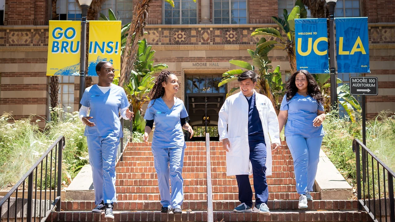 Nursing students walking on the UCLA campus.