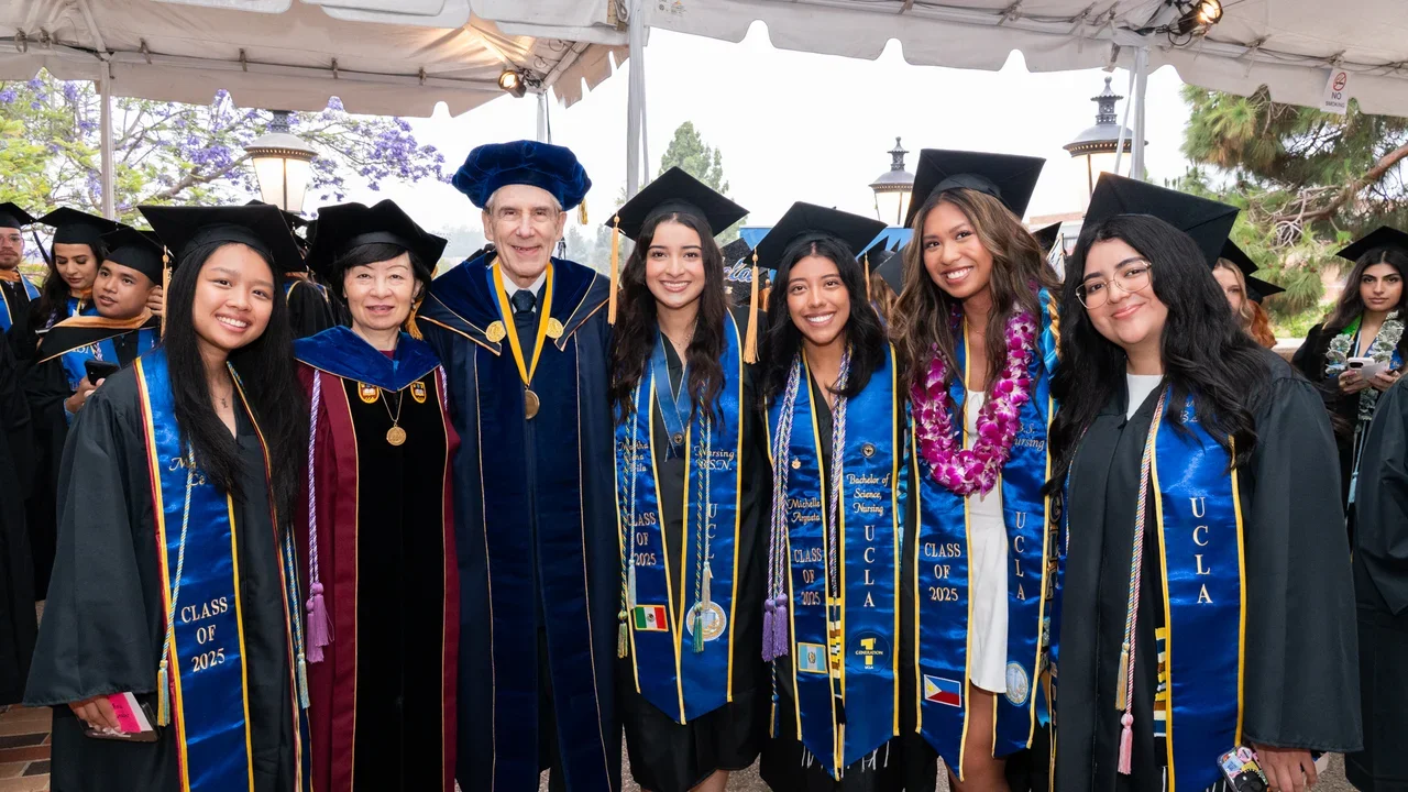 UCLA Chancellor, Nursing Dean, and students at the 2025 Commencement. 