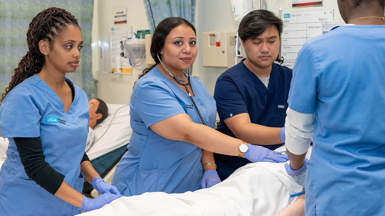 A photo fo students working in the Simulation Lab