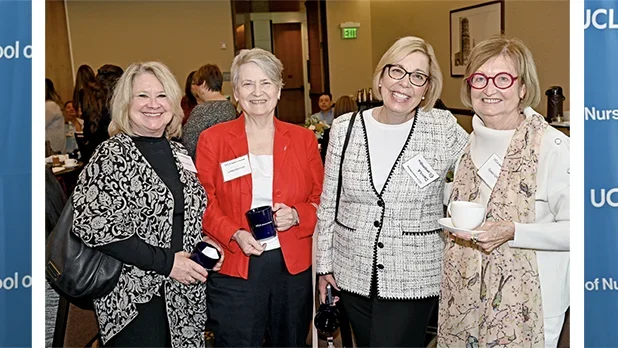 Three photos side by side. One featuring the Nursing dean and a donor. The second featuring facutly and supporters. And the third showing Marselis and Rachel Irving. 