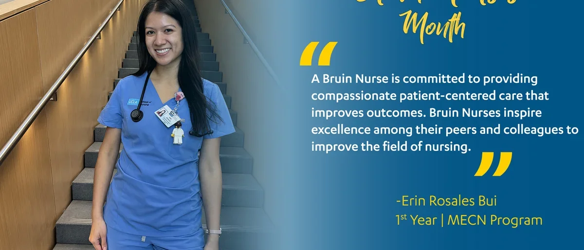 A Bruin Nurses Month graphic with a student nurse. 