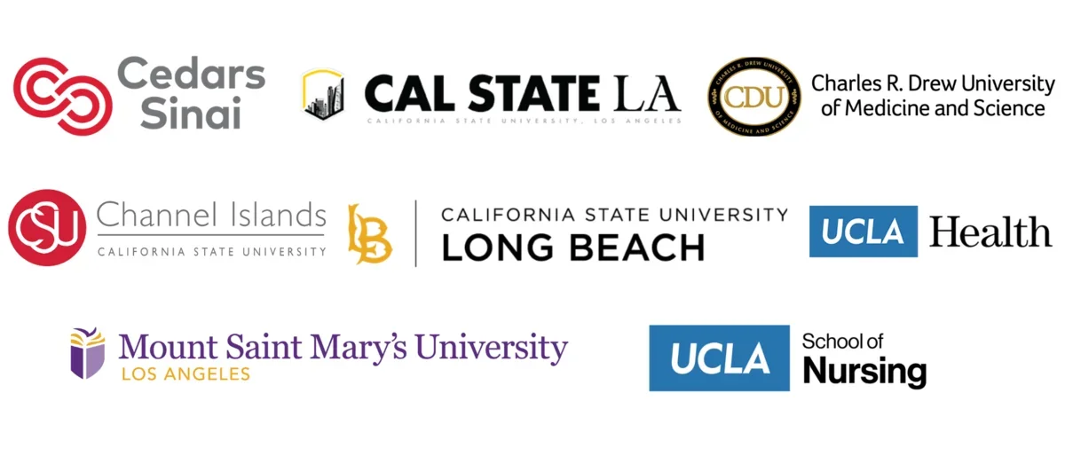Logos of Mount Saint Mary’s University Nursing Department, California State University – Los Angeles School of Nursing, California State University – Long Beach School of Nursing, California State University – Channel Islands School of Nursing, Charles R. Drew University of Medicine and Science Mervyn M. Dymally School of Nursing, UCLA Health Department of Nursing, & Cedars-Sinai Department of Nursing and UCLA School of Nursing