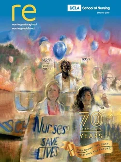 The cover of the spring 2019 UCLA Nursing magazine showing a painting of past UCLA nursing moments