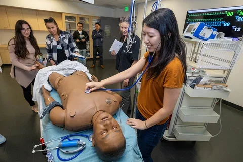A student using a stethoscope on a simulation mannequin