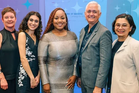 Nursing honor awardees M. Rebecca O’Connor, Sabrina Jamal-Eddine, Selena Gilles, Robert Lucero, and Wei-Ti Chen