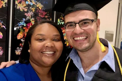 Adisa Cartwright, assistant dean of the UCLA Health Medical Assistant Program (MAP), with Herbert Najera at his graduation from the program. (Photo courtesy of Adisa Cartwright)