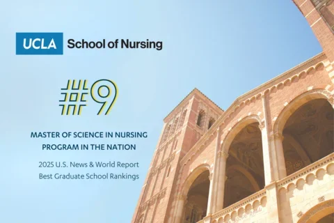 A graphic showing Royce Hall and the School of Nursing's latest #9 ranking in US News and World Report