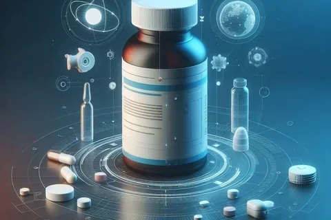 Pill bottle with scattered tablets and medical icons on a blue background.