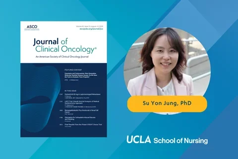 A graphic with an image of the Journal of Clinical Oncology and a headshot of UCLA Nursing faculty member Su Yon Jung