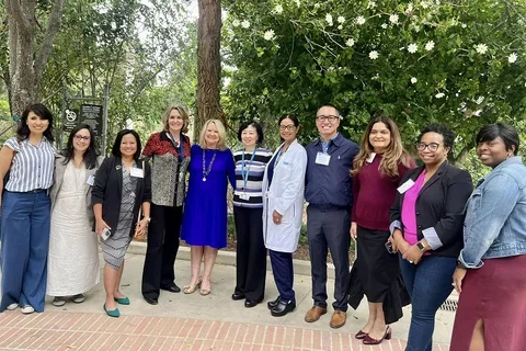 DNP program alumni pictured with Dean Zhan, DNP Program Directors, and faculty. From left to right: Drs. Ana Barajas, Georgina Cabrera, Karen Bacosa, Theresa Brown, Nancy Jo Bush, Lin Zhan, Carol Cunningham, Harold Sarmiento, Hamida Khanmohammed, Kamala Gipson-McElroy, and Korie Bigbee.