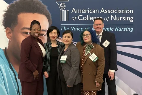 Dean Lin Zhan pictured with 4 UCLA Nursing students at the AACN Student Policy Summit