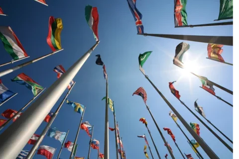 A photo of different flags from around the world