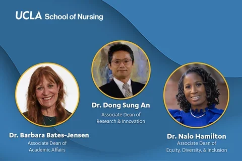 A graphic showing the UCLA Nursing leadership updates featuring Dr. Dong Sung An, Dr. Barbara Bates-Jensen, and Dr. Nalo Hamilton