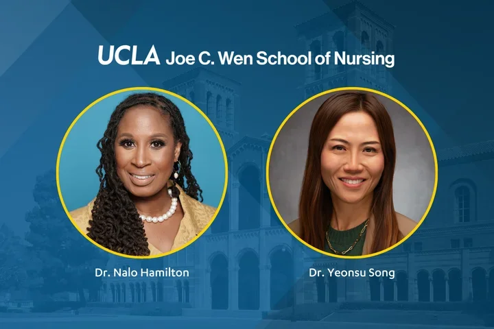 A graphic containing headshots and text of Dr. Nalo Hamilton and Dr. Yeonsu Song with the UCLA Joe C. Wen School of Nursing. 