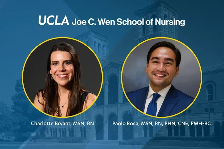 Charlotte Bryant and Paolo Roca with the UCLA Joe C. Wen School of Nursing logo.