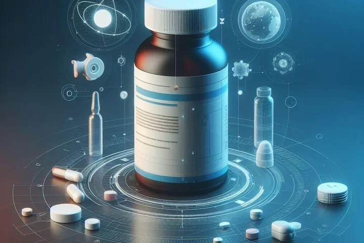 Pill bottle with scattered tablets and medical icons on a blue background.