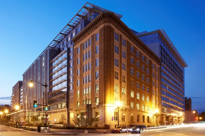 The exterior of the Marriot Marquis Hotel in Washington DC.