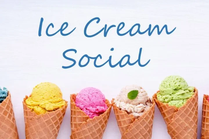 Ice cream cones with different flavors of ice cream accompanied by the text 'Ice Cream Social'