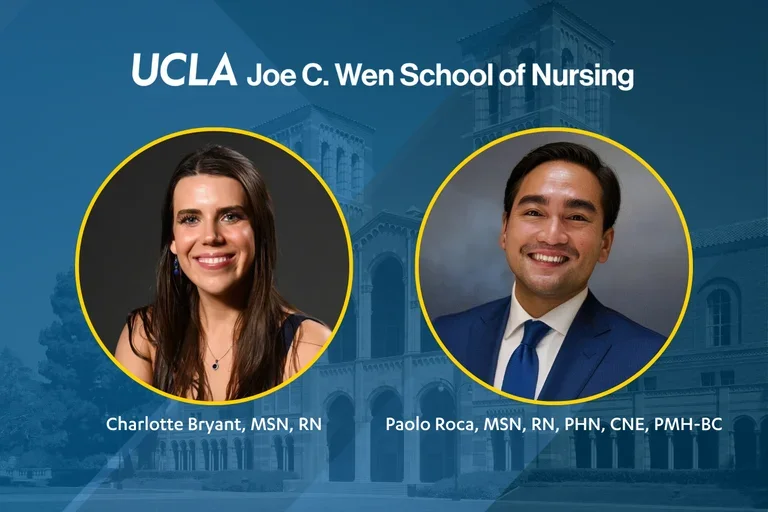 Charlotte Bryant and Paolo Roca with the UCLA Joe C. Wen School of Nursing logo.