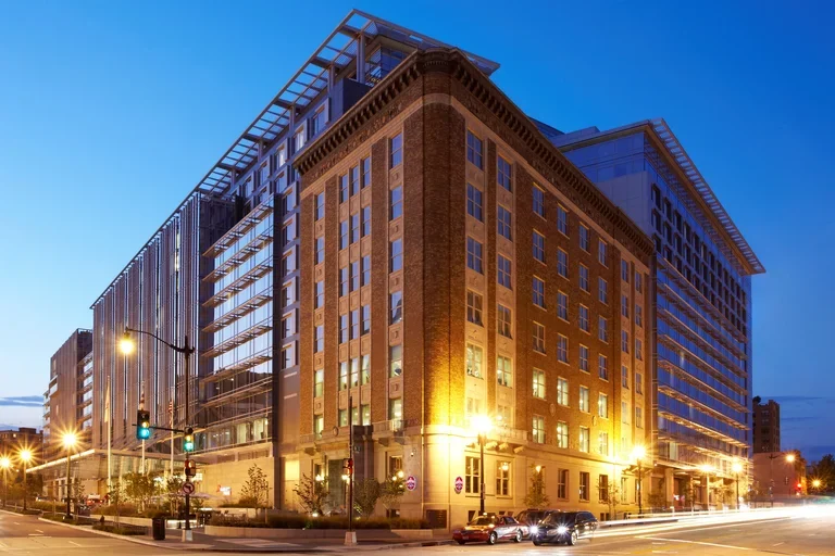 The exterior of the Marriot Marquis Hotel in Washington DC.