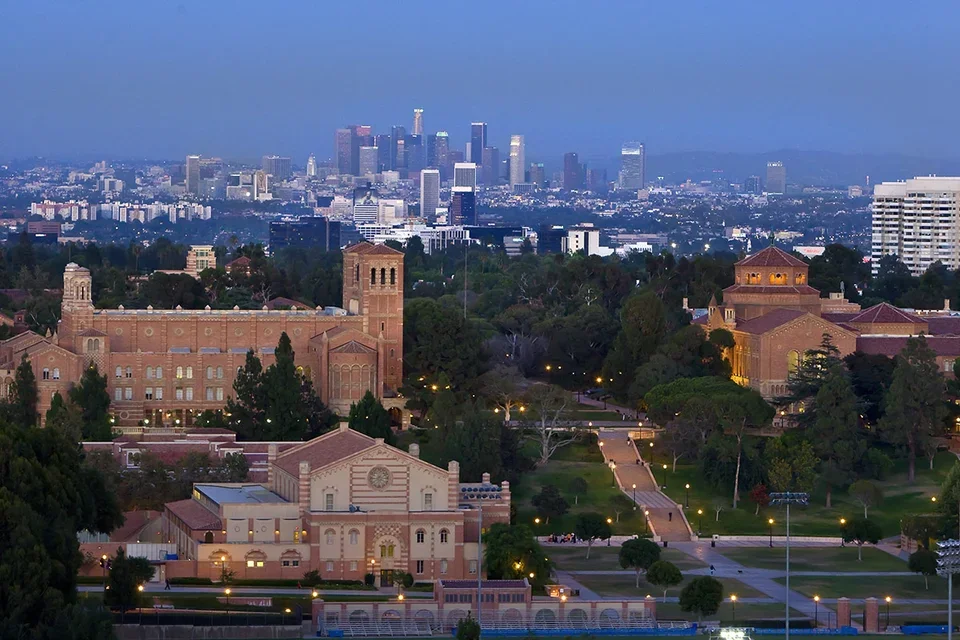 An aerial view of the UCLA campus and Downtown Los Angeles