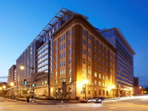 The exterior of the Marriot Marquis Hotel in Washington DC.