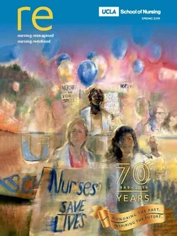 The cover of the spring 2019 UCLA Nursing magazine showing a painting of past UCLA nursing moments