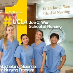 4 UCLA nursing students in blue scrubs standing in the lobby of the Factor Building. A #1 in California graphic along with the text Bachelor of Science in Nursing Program is in the image.