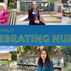 A graphic with the text "UCLA Nursing is Celebrating Nurses" with photos of several UCLA nurses