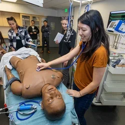 A student using a stethoscope on a simulation mannequin 