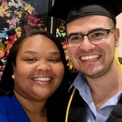 Adisa Cartwright, assistant dean of the UCLA Health Medical Assistant Program (MAP), with Herbert Najera at his graduation from the program. (Photo courtesy of Adisa Cartwright)