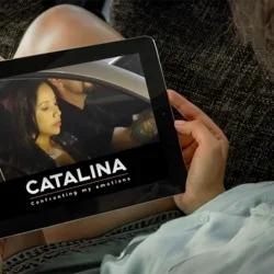 A woman watching the app-based storytelling series