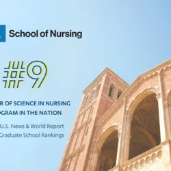 A graphic showing Royce Hall and the School of Nursing's latest #9 ranking in US News and World Report