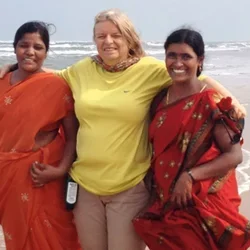 Dr. Catherine Crespi (center) with K. Kalpana (left) and R. Vasantha (right), interviewers on the study team, at the Bay of Bengal.