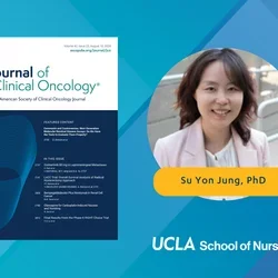 A graphic with an image of the Journal of Clinical Oncology and a headshot of UCLA Nursing faculty member Su Yon Jung