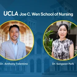 Anthony Tolentino and Sungwon Park pictured on a graphic with the UCLA Nursing logo