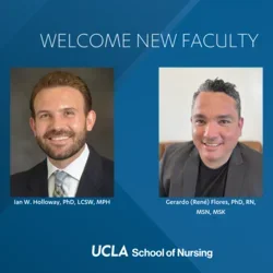 A graphic showing photographs of Ian Holloway and Gerardo Flores with the text, Welcome New Faculty.