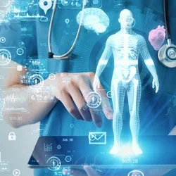 A graphic image depicting a nurse using technology