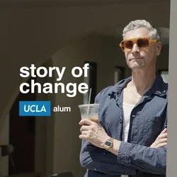 UCLA Nursing alum Ned Brower with the text 'Story of Change' and the UCLA Alum logo