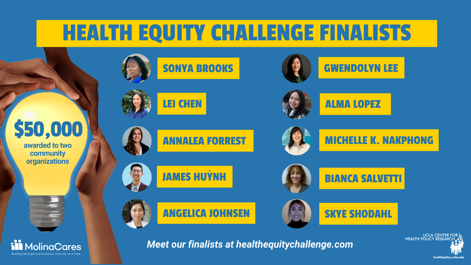 A graphic showing the 10 finalists of the Health Equity Challenge