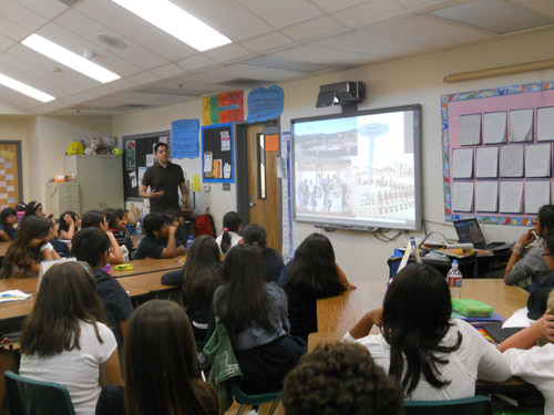 CAIIRE staff member, Fernando Martinez gives a presentation on American Indian culture and history to 5th and 6th graders at Thomas Edison Elementary School in Glendale as part of their unit on American history