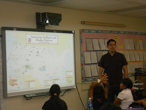 CAIIRE staff member, Fernando Martinez gives a presentation on American Indian culture and history to 5th and 6th graders at Thomas Edison Elementary School in Glendale as part of their unit on American history