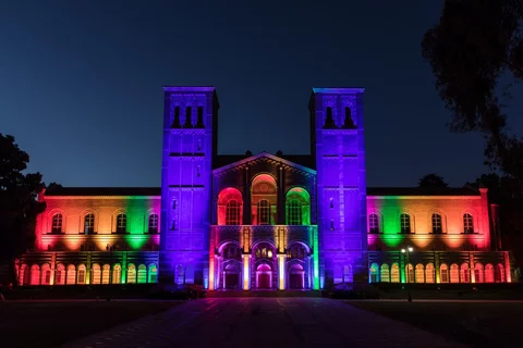 UCLA Royce Hall with rainbow lights