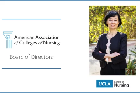 A graphic showing Dean Lin Zhan and the AACN logo