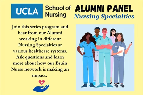 Alumni Panel graphic with the school of nursing logo and an illustration of nurses