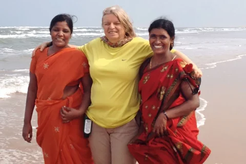 Dr. Catherine Crespi (center) with K. Kalpana (left) and R. Vasantha (right), interviewers on the study team, at the Bay of Bengal.