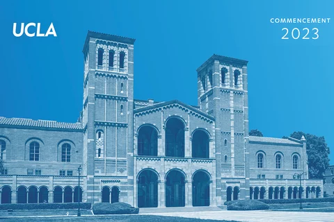 A photograph of the Royce Hall towers with a UCLA Commencement 2023 text