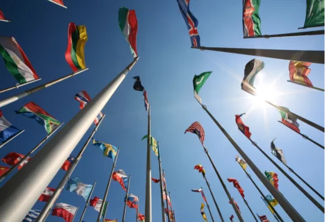 A photo of different flags from around the world