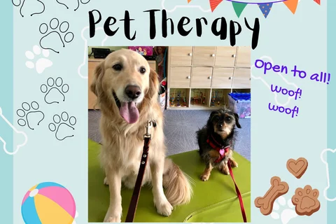 A graphic with the text Pet Therapy and a photo of 2 dogs